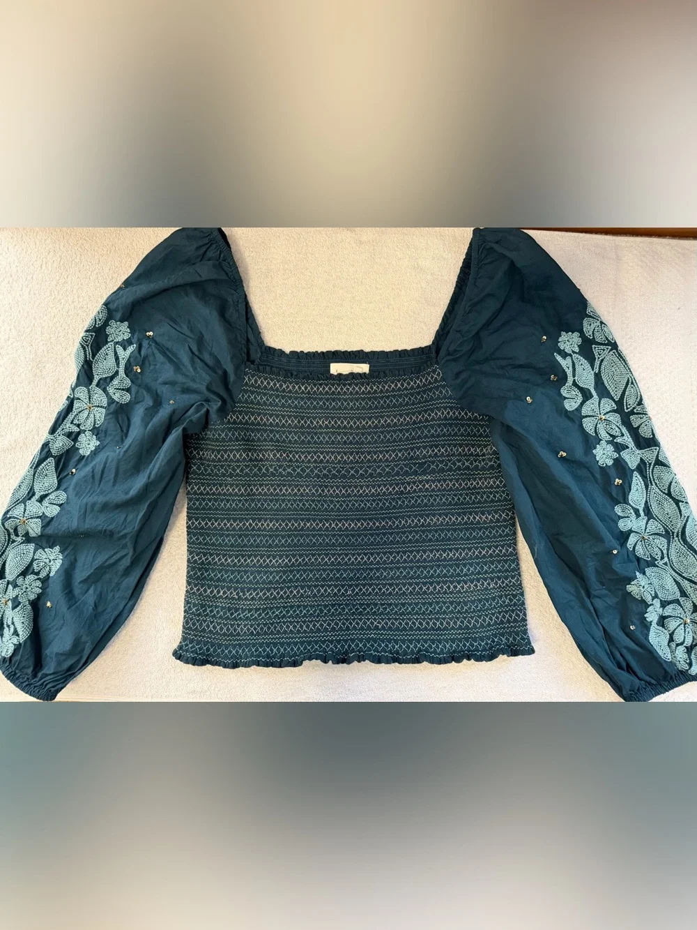 Anthropologie Smocked Embroidered Square Neck Puff Sleeve Sequin Boho Peasant